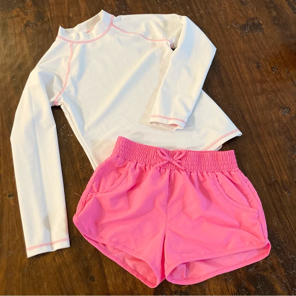 Girls Swim Set - White and Pink Rashguard and Swim Shorts Kids Size S M